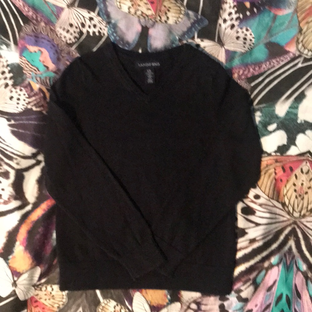 LANDS’ END boys black v-neck sweater, LG (6-7)
